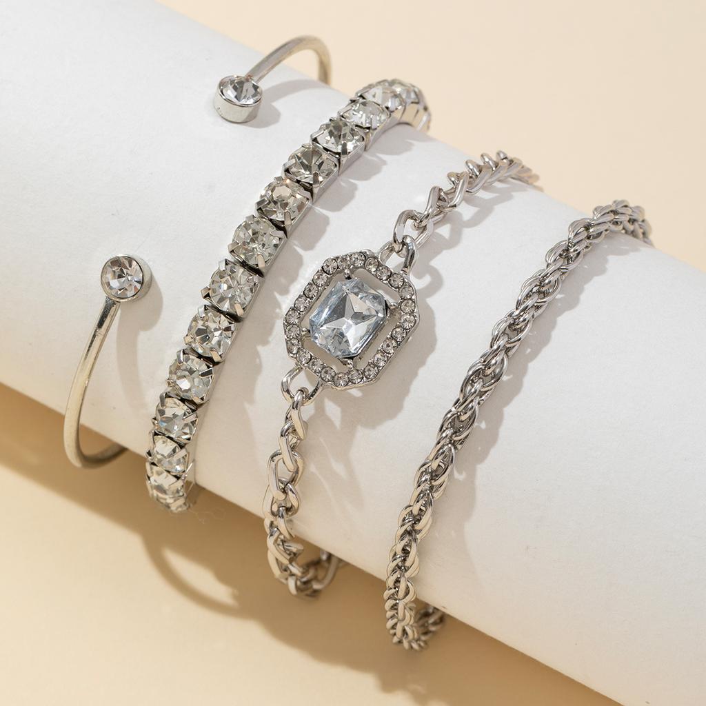 4 Stück/Set Strass-Dekor Gedrehter Armreif Mode Hohlkette Mehrlagig Hand Geometrie Einfacher Offener Armreif Für Frauen Geburtstagsgeschenk
