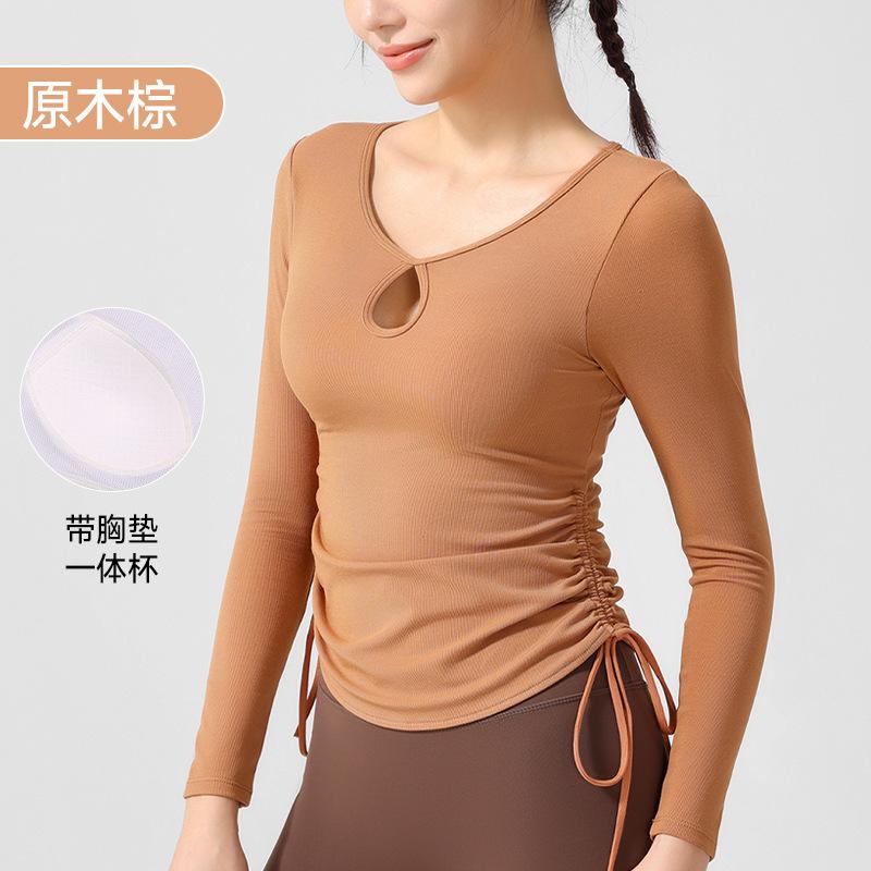 Autumn new tight yoga clothes top high-end sense with chest pad fitness long-sleeved women's drawstring pleated sports T-shirt