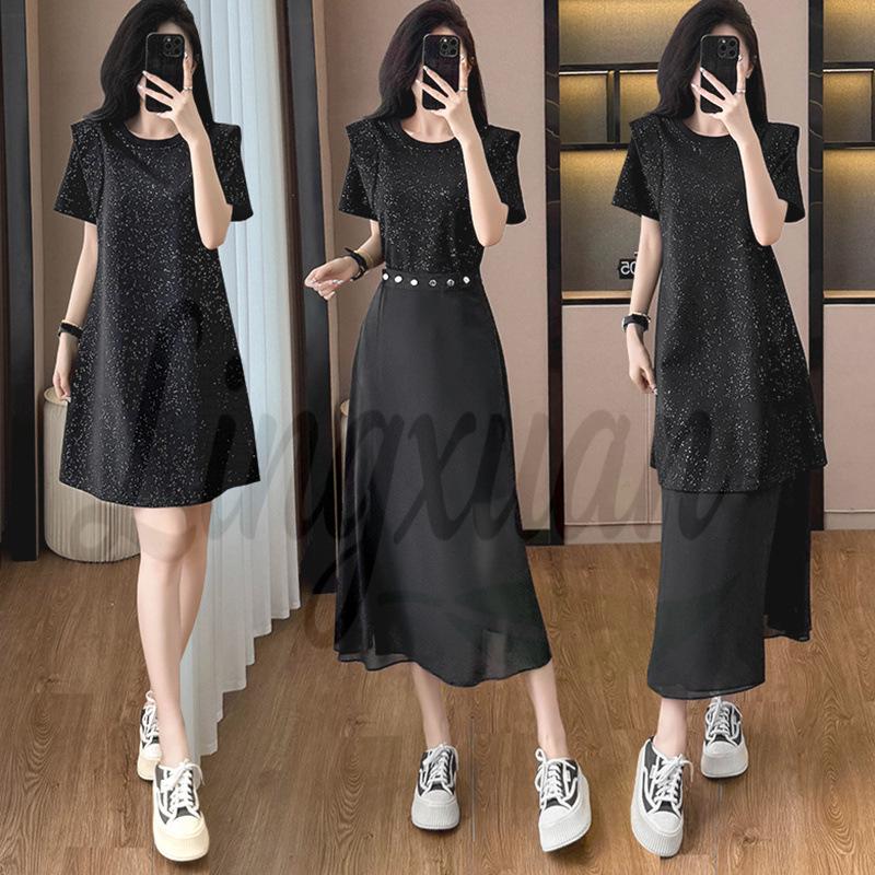 Versatile Plus-Size Black Two-Piece Dress: Slimming Short-Sleeve Summer Fashion XL