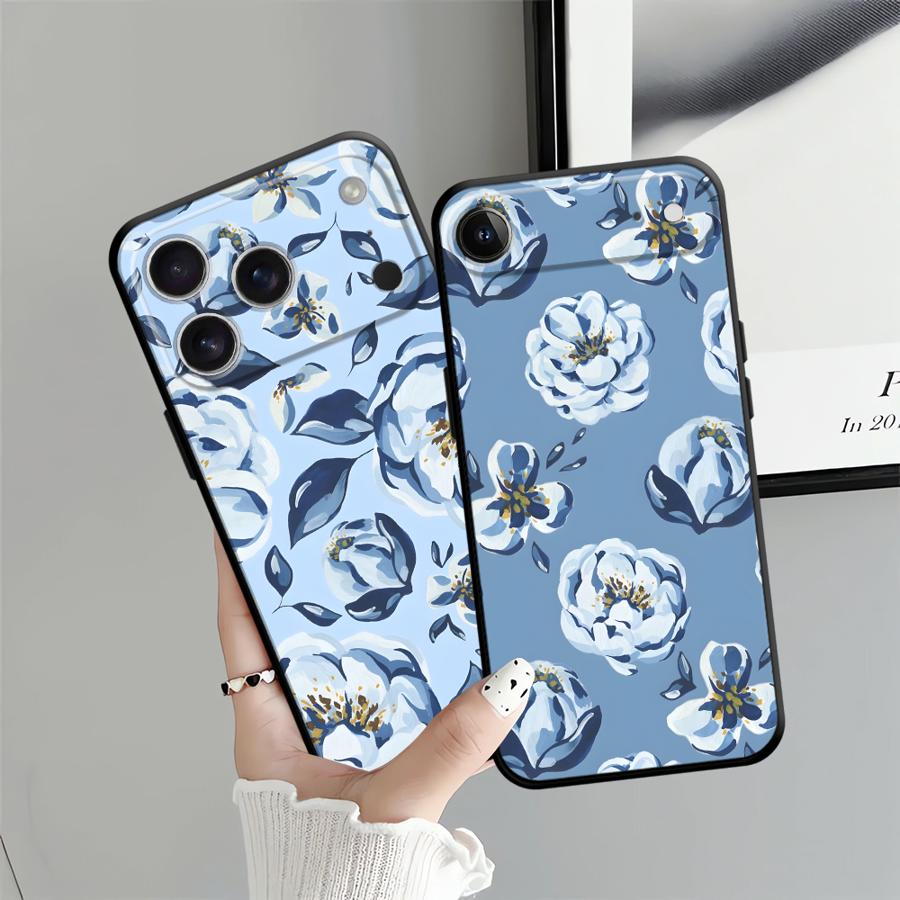 Case for Apple iPhone 17 Pro Max 11 16 12 14 15 Pro 7 8 13 XR XS MAX Air Funda Phone Cover Cartoon Blue Flower