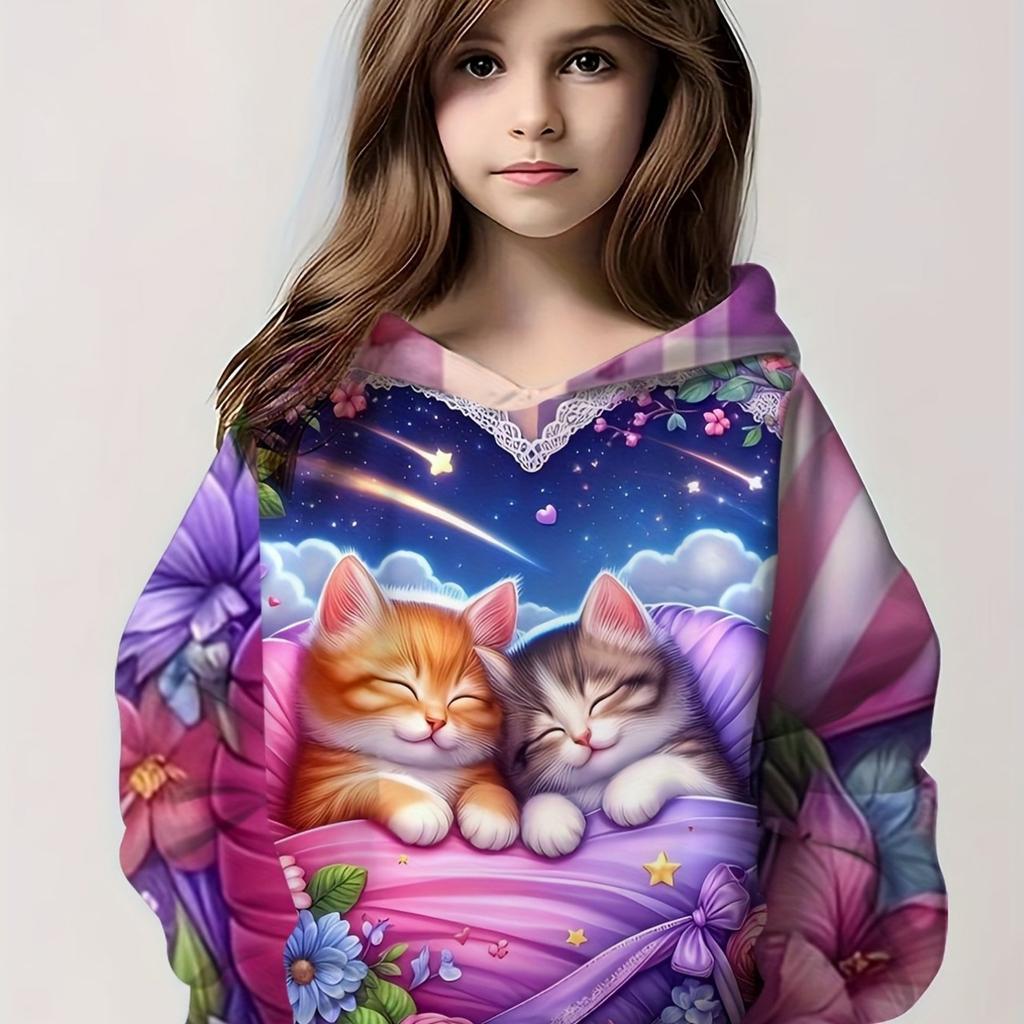 Kids Clothes Girl Hoodies Long Sleeve Cartoon 3D Cat Print Children Spring Fall Clothes Casual Cute Outdoor Girl Clothes Tops