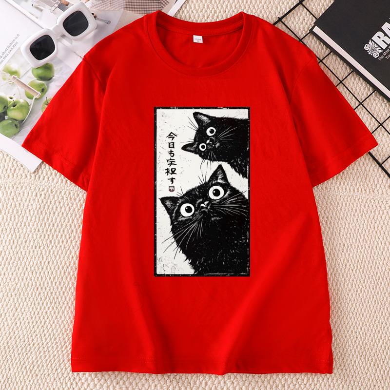 Japanese Cat TShirt Unisex Unisex Tokyo Aesthetic T Shirt Black Cat Tee Casual Cotton Short Sleeve Printed Tshirts Unisex Clothes