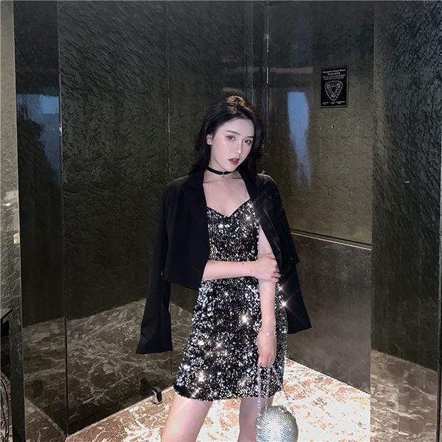 Sequin Camisole Dress with Coat - Women's Autumn/Winter Hip-Wrapping Black Evening Dress