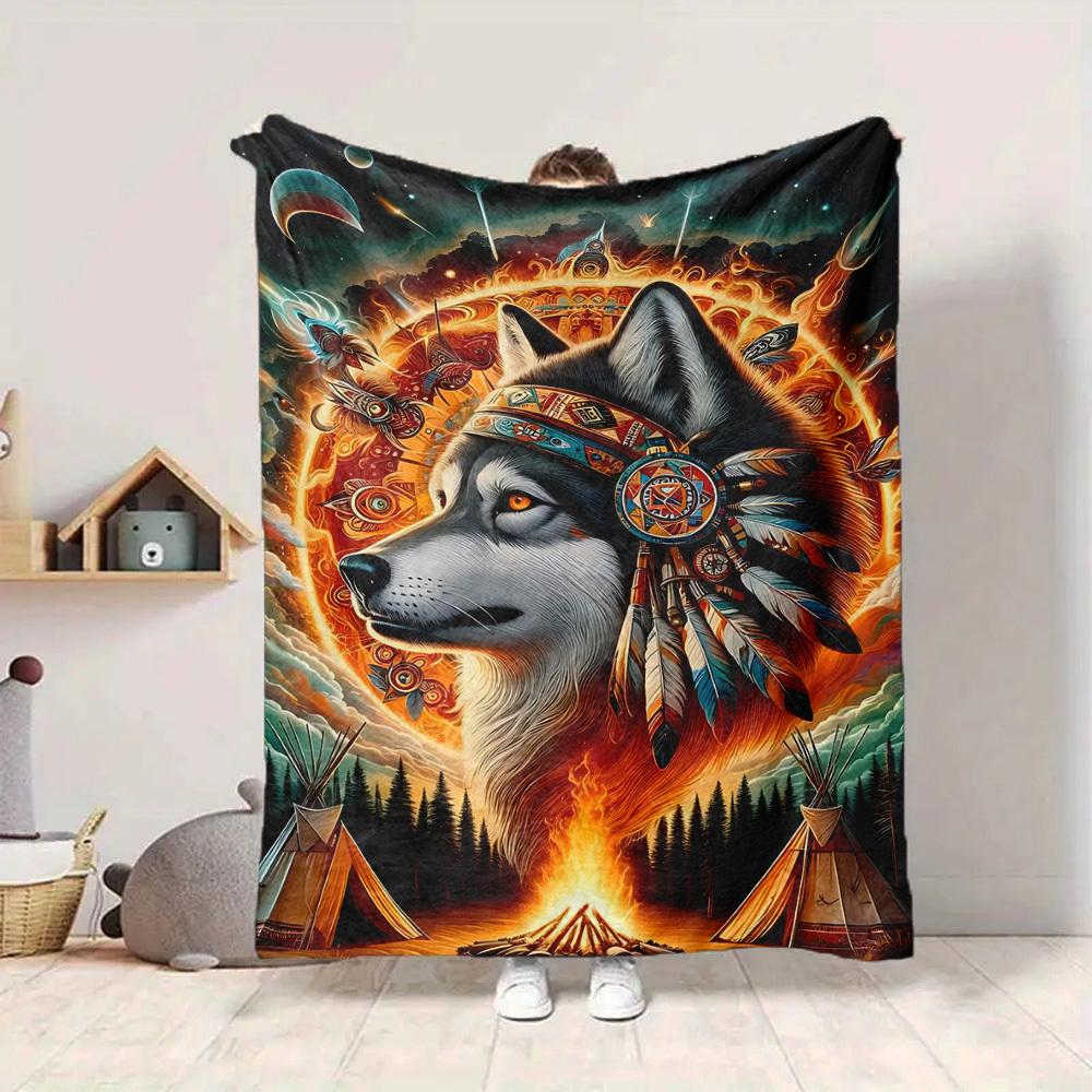 1PC Wolf Spirit Print Blanket, Soft Throw Blanket - Warm & Cozy for Couch, Bed, Office, and Travel Yy250912182