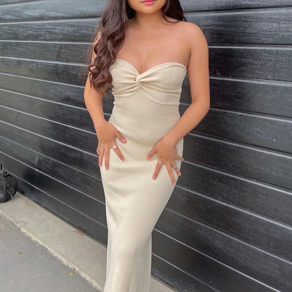Sexy Women's Spring and Summer Knitted Cross Over Shoulder Fashion Sexy Wool Weaving Dress Sleeveless Irregular Wrapped Chest Long Dress
