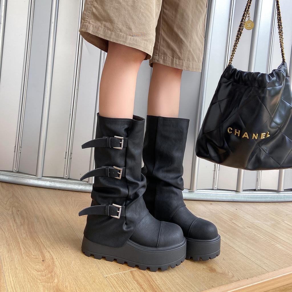 Small man height increase thick-soled medium boots autumn and winter western cowboy pile wasteland wind knight boots pant tube women's boots