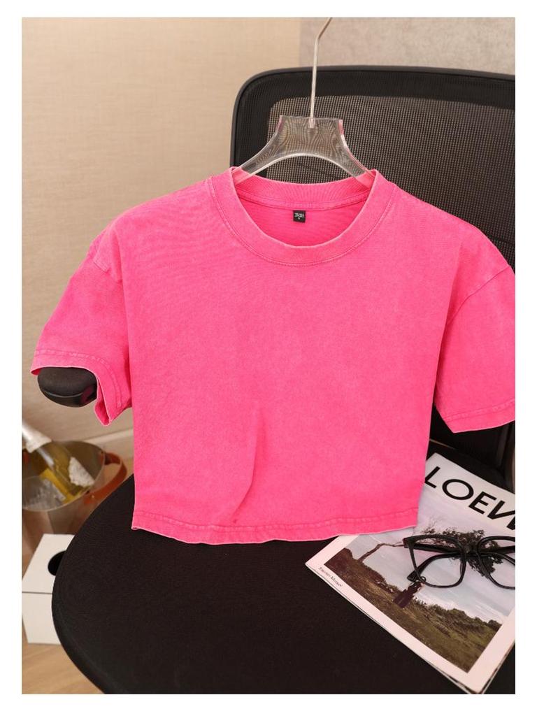 Women's Washed Vintage Cropped T-shirt: Heavyweight 230g Pure Cotton, Retro Loose Fit, Short Sleeve Waist-Length Top