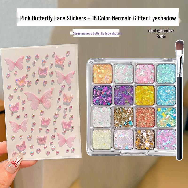Meerjungfrau Pailletten Lidschatten Palette mit Perlmutt Glitzer & Selbstklebenden Strass Schmetterling Gesichtsklebern.