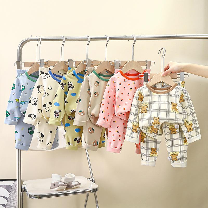 100% Cotton Kids Thermal Underwear Set Long Sleeve Pants Soft Sleepwear Homewear Cartoon Print Comfortable A Class Safety