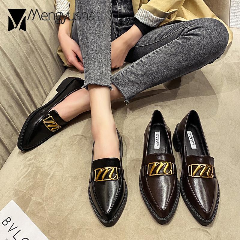 Fashion 2024 Brand Solid Leather Shoes Ladies Casual Oxfords Pointed Toe Flats Women Slip On Thick Heel Sneakers Big Size Spring Loafers