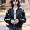 Herbst und Winter Rundhals Kontrastfarbe Leder Baseballjacke Damen Locker Lässig Mode Lederjacke Oberteil