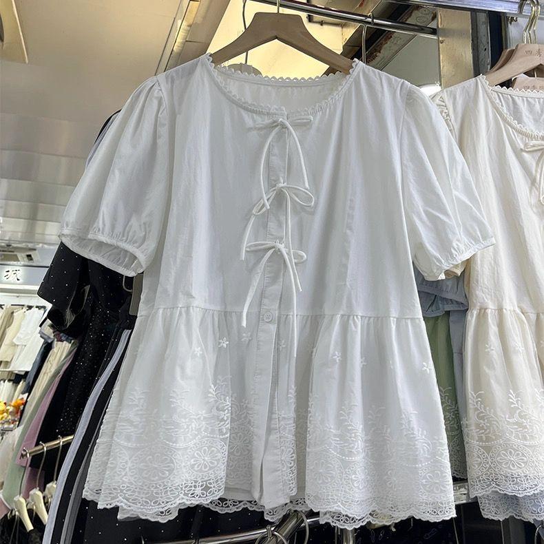 Modrá francouzská vintage košile s balónovými rukávy pro ženy letní splývavá volného střihu zakrývající bříško ležérní top