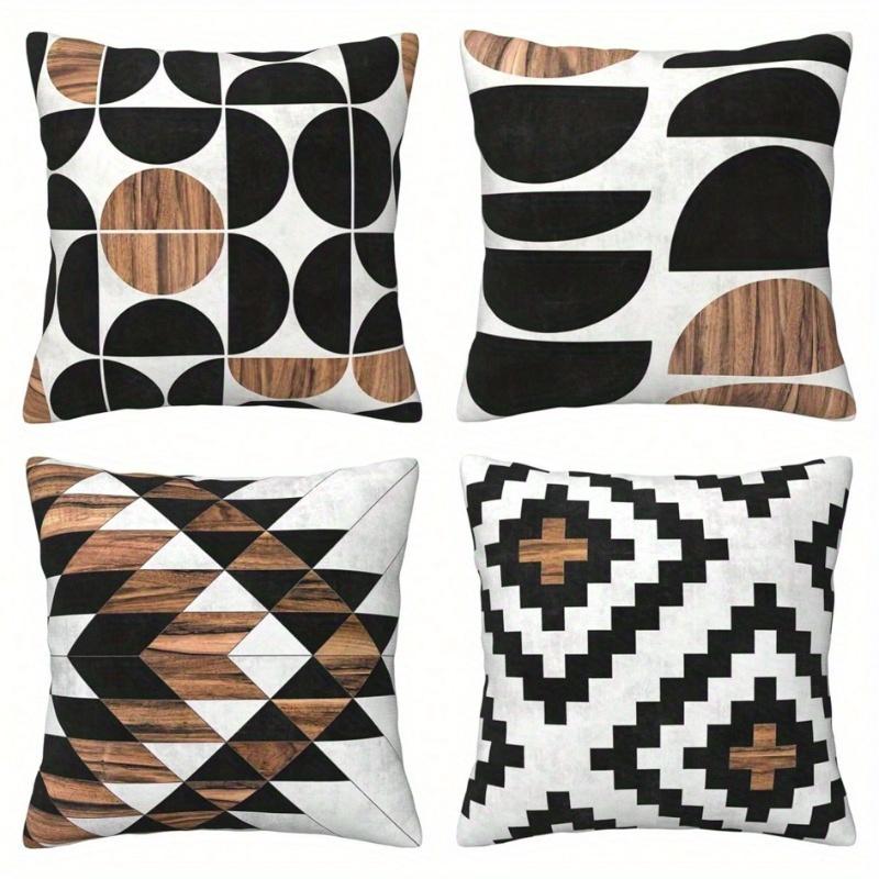 4 Pièces Housse de Coussin Hug Style Moderne Milieu du Siècle Aspect Bois Noir et Blanc Décoration de Maison Coussins Pour Chambre et Salon, Sans Remplissage Linen 35*35(CM)-4Pcs