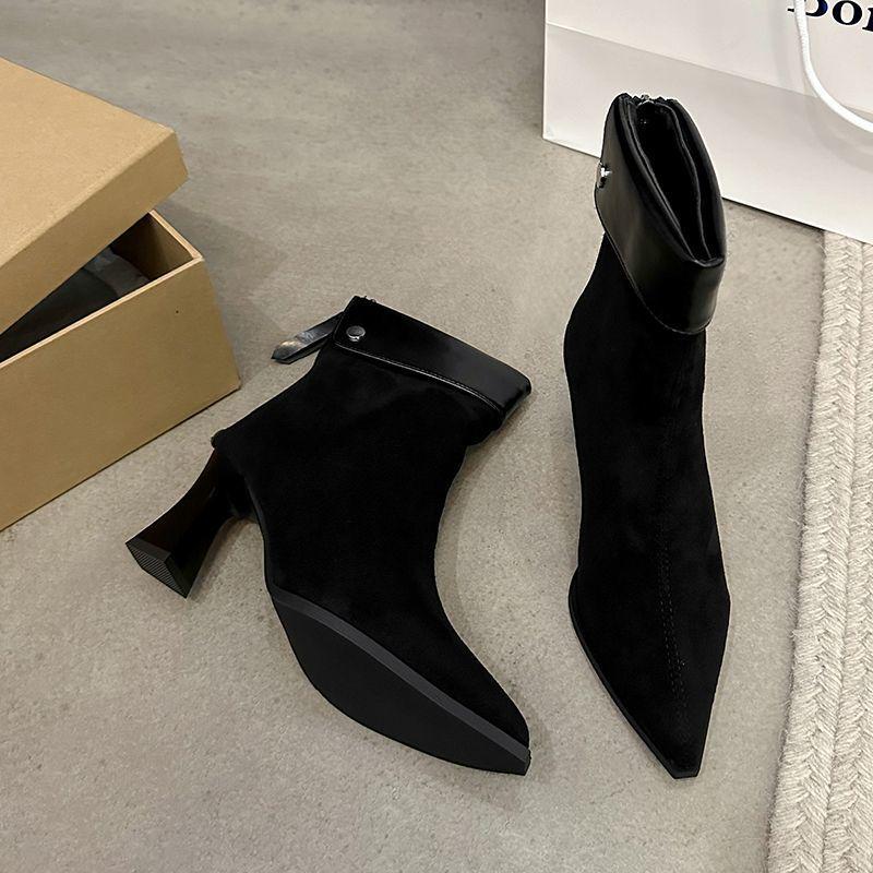 Korean Style Women’s High Heel Suede Boots - Autumn/Winter 2025: Versatile Chunky Heel, Pointed Toe, Leopard Print