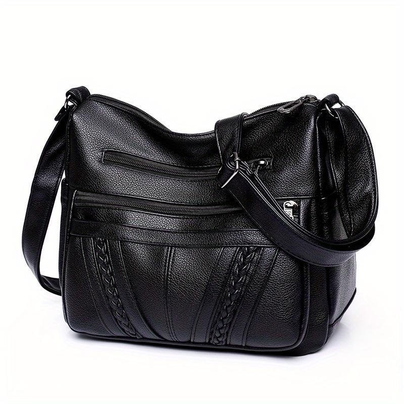 Braided Detail PU Leather Crossbody Bag, Women's Multi-Pocket Shoulder Purse, Fashion Soft Handbag