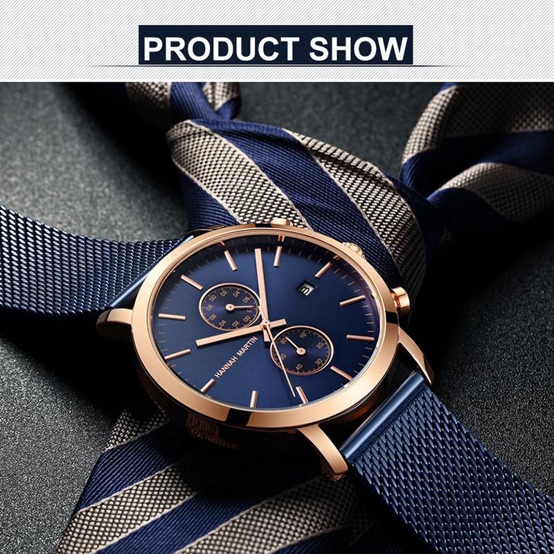 Schwarz Multifunktions Chronograph Mesh Band Wasserdicht Männer Große Zifferblatt Top Marke Luxus Uhr Männer Mode Uhren