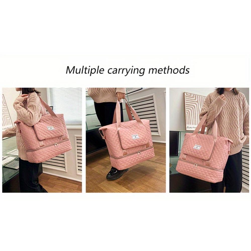 Large Capacity Foldable Travel Bag with Wet/Dry Separation, Diamond Quilted Nylon Tote for Gym, Yoga and Ladies Shoulder Bag - Hand Washable