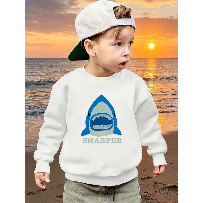 European sizes Kids Trendy Letter & Horror Shark Graphic Print Casual Long-Sleeve Crewneck Sweatshirt / Comfortable / Simple & Versatile 110