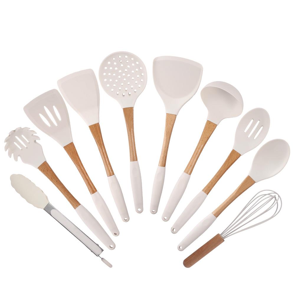 Solid wood handle silicone kitchen utensils 11-piece set, cooking kitchen tools spatula spoon 11-piece set