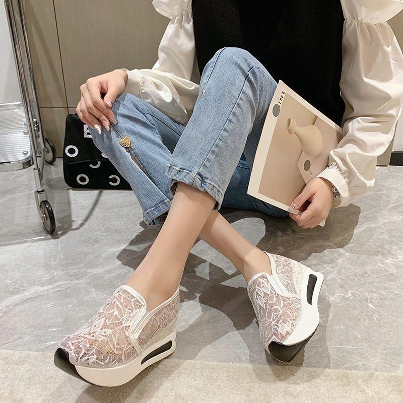 Fashion Summer High Platform Slip On Sequins Casual Woman Footwear Sale Y2k Fashion Designer Luxury Lace Mesh Breathable Shoes for Women