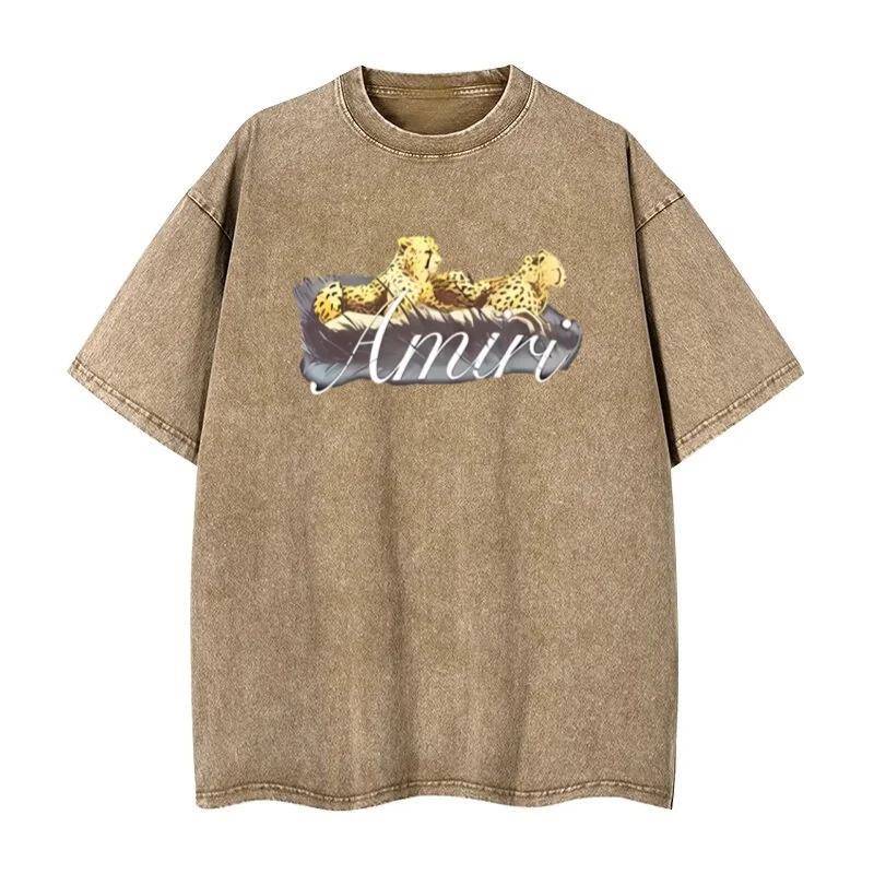 

Леопардовый Свирепый Принт Летняя Мужская и Женская Винтажная Футболка с Водной Стиркой Модная Повседневная Футболка с Графикой 3XL