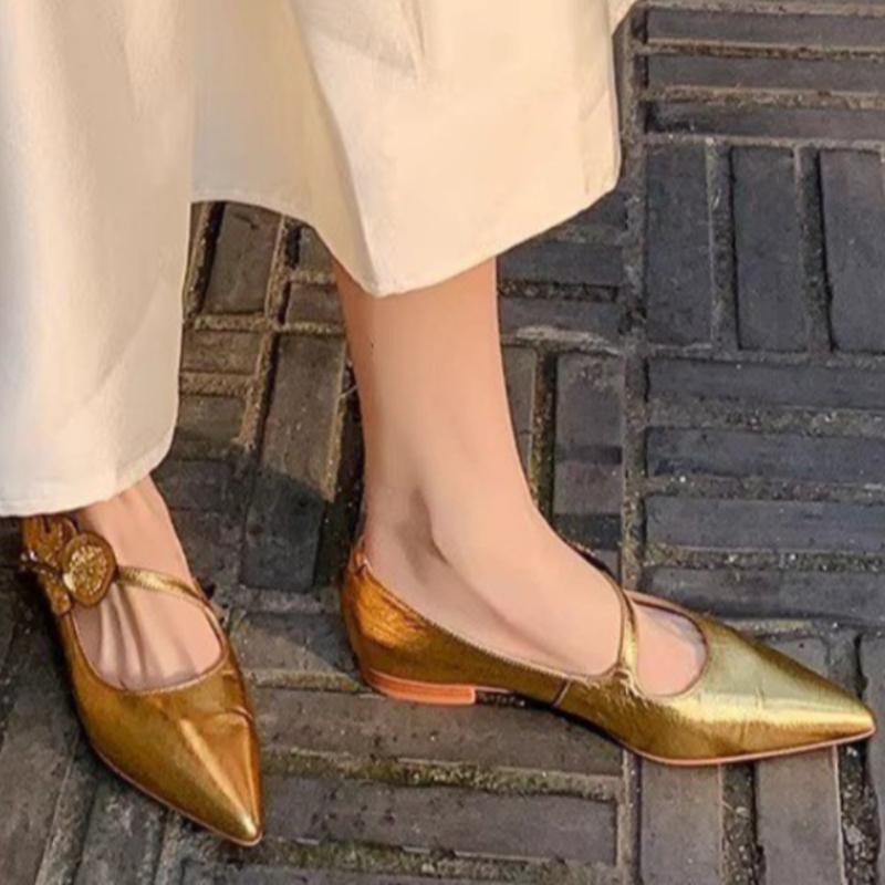 2024 Women's Flats Gold Pointed Toe Ballet Flats Flower Mary Janes Shoes for Female New Designer Singler Shoes Spring Summer