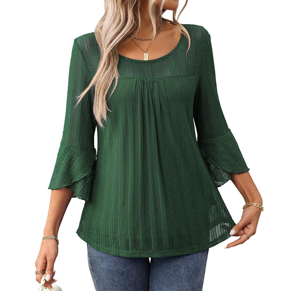 Elegant and Fashionable Round Neck Ruffle Sleeves Sparkling Mesh Top Women's T-shirts