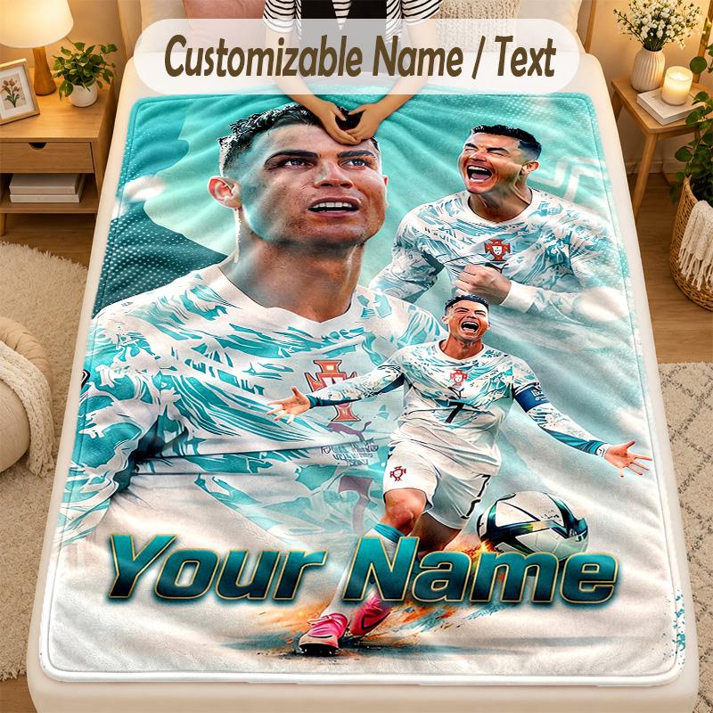 Flannel BlanketCristiano Ronaldo Custom Name Text Personalized Soft Warm Throw Blanket Home Decor Gift
