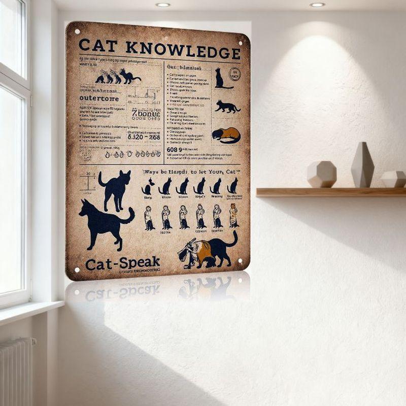 Vintage 'CAT KNOWLEDGE' Metal Sign, Retro Educational Cat Knowledge Tin Sign with Tail Positions & Illustrations, Wall Decor for