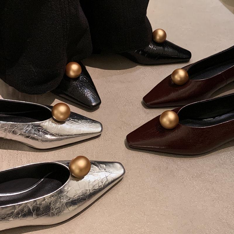 2025 hand-scratched cowhide shallow mouth single shoes women's low-heeled shoes early spring new leather square head round ball fashion leather single