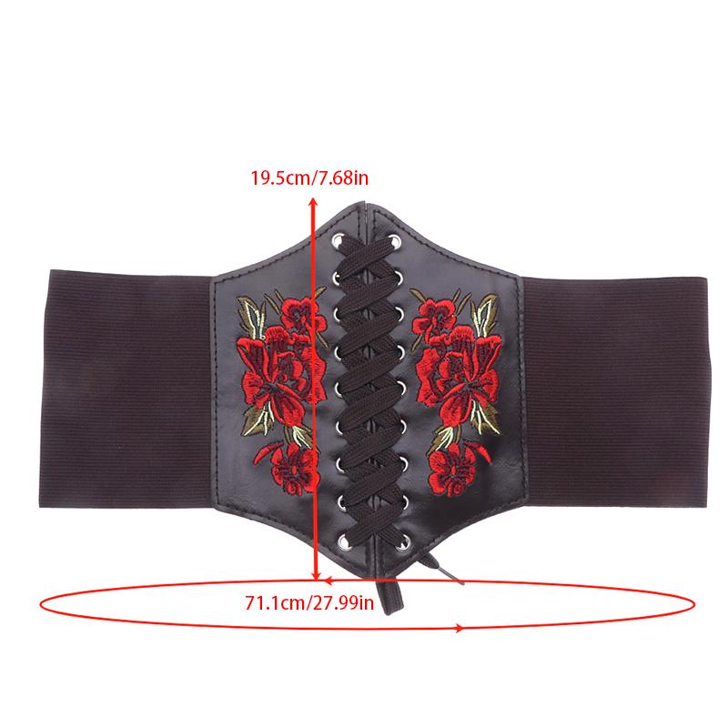 Women'S Corset Belt Gothic Fashion Pu Flower Embroidery Cummerbunds Female Slimming Waist Band Vintage Black Wide Belt For Girl