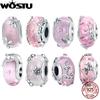 WOSTU 925 Silver Transparent Pink Glass Butterfly Charm Insect Flower Murano Beads Bracelet & Bangle Jewelry Gift