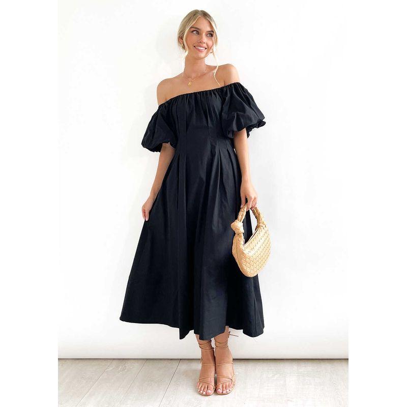 

Off Shoulder Dress Bohemian off-Neck Dress Puff sleeve High Waist Swing Skirt Women Clothes Black XL