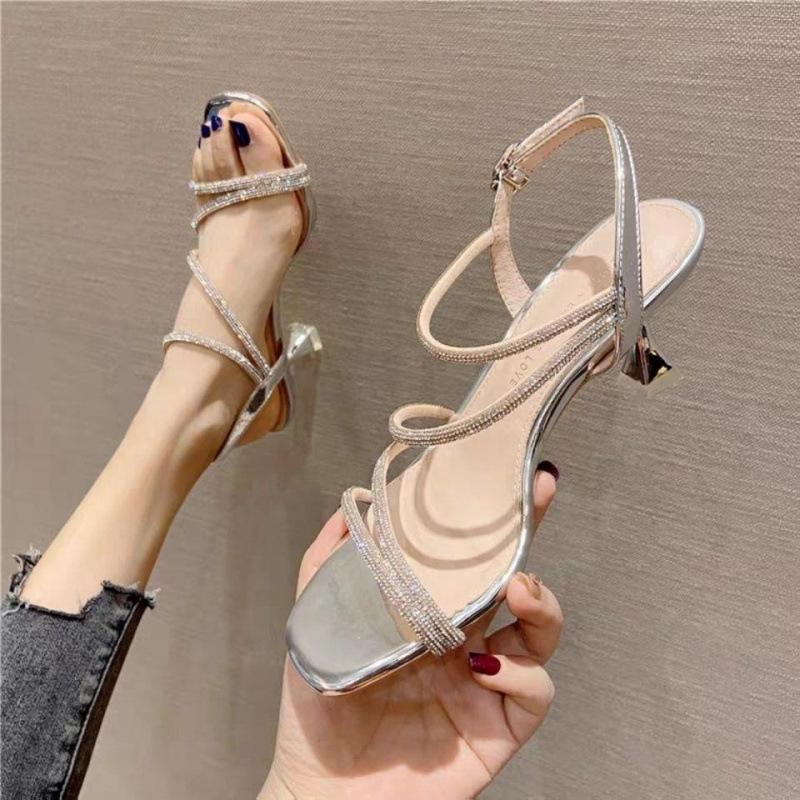 Sandals Women's Summer Mid-heel 2025 New Rhinestone One-word Buckle with Square Head Thin Heel Design Sense Niche High Heels
