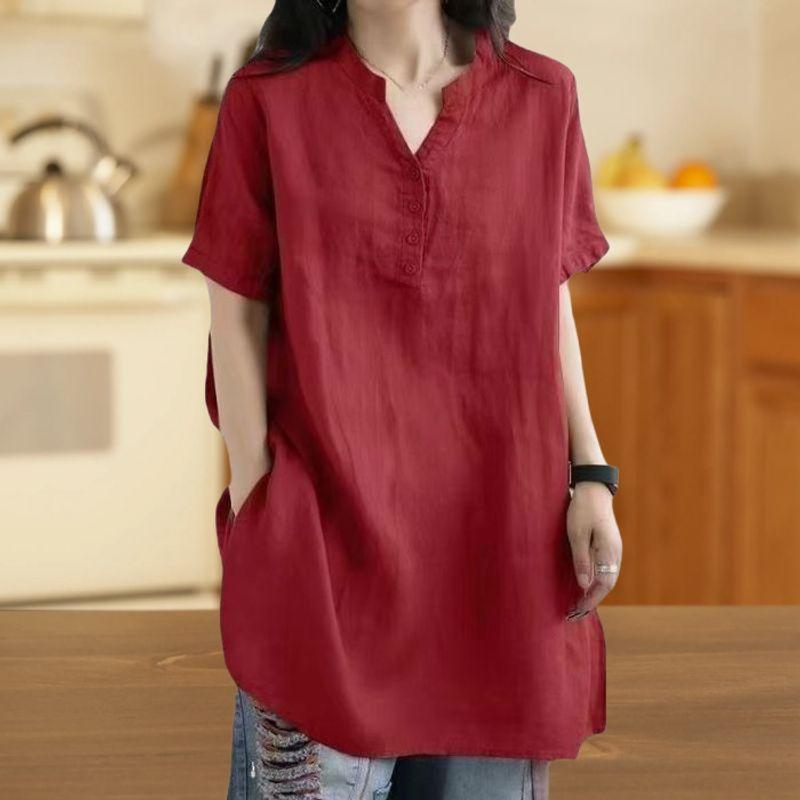 Middle-Aged Mother Cotton V-neck Short sleeve Shirts Women Summer Plus size Loose Slimming Western Style Mid-Length T-shirt Top