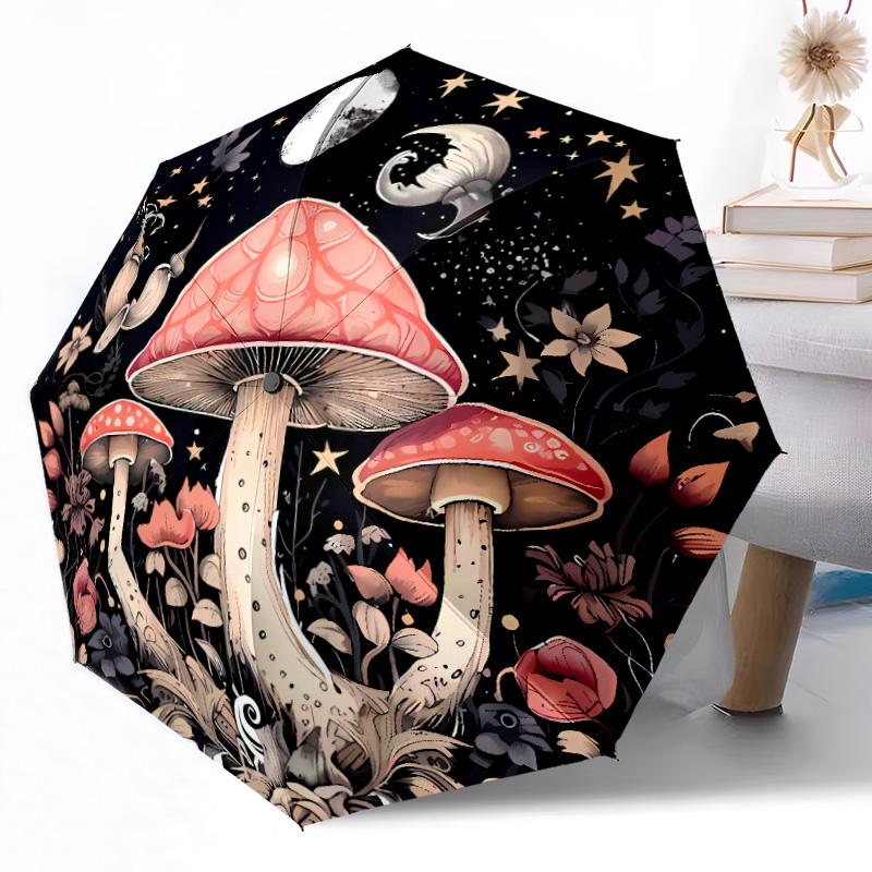 Mystical Forest Mushrooms Compact Travel Automatic Umbrella Compact 8-Rib Design Durable Plastic & Iron Travel Essential Elegant Umbrella