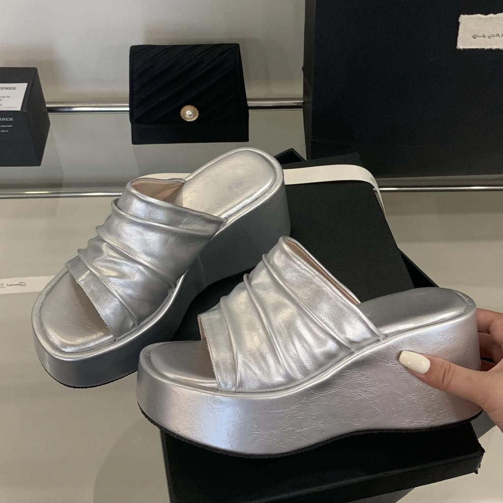 Fashion Eilyken Summer Open Toe Platform Wedges Slippers Women Designer Pleated Thick Bottom Heels Slide Ladies Shoes Zapatos De Mujer