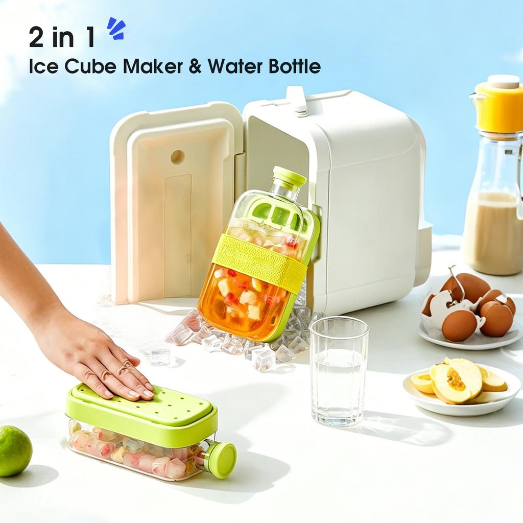 Ice Tray Water Bottle 2 In 1 Leakproof 800ml Ice Cube Maker For Freezer 18 Grids with Push Button Release Easy Clean
