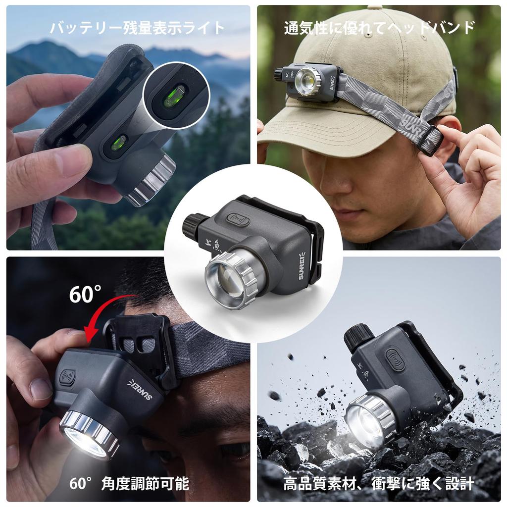 SUNREE LED Fishing Zoom IPX5 Gray Headlight, Dimming, Type-C Charging, Waterproof,