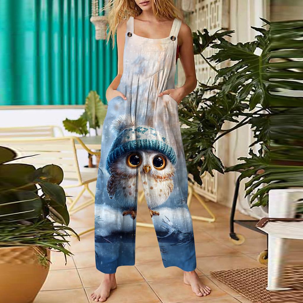 Women's Casual Jumpsuit Sleeveless Christmas Printed Cotton Jumpsuit