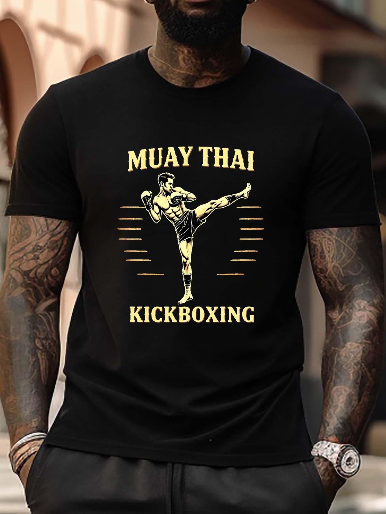 

Plus Size MUAY THAI KICKBOXING Graphic T-shirt - Black with Golden Geometric Martial Arts Design XXXL
