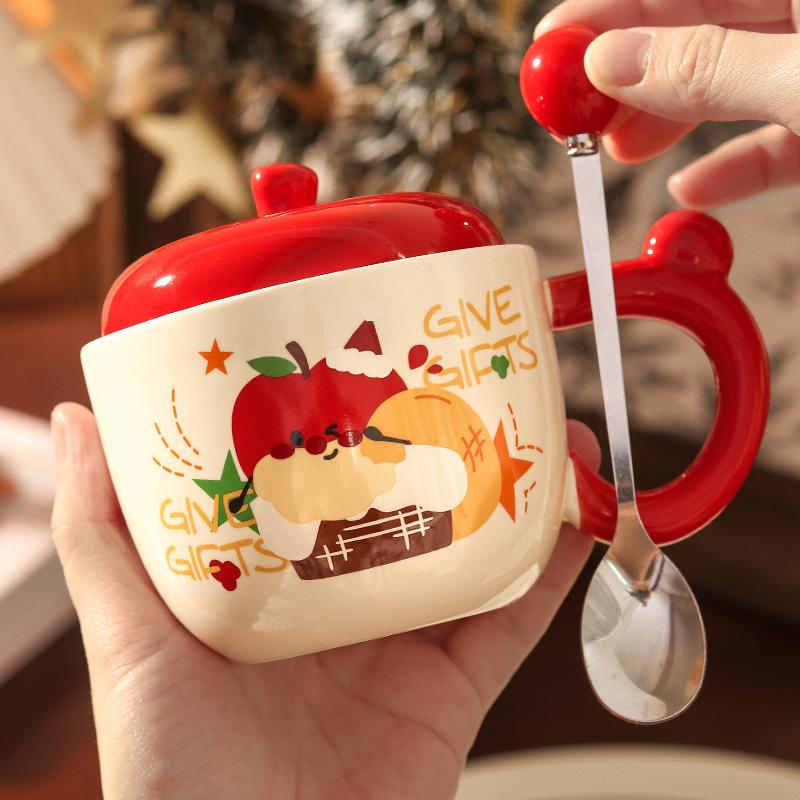 

Apple high-value water cup girls ceramic mug with lid Christmas coffee breakfast cup birthday gift souvenir 401-500ml