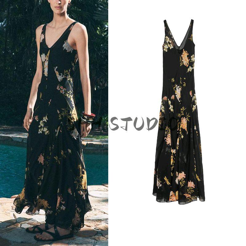 Spring and Summer New Women's Clothing Vacation Style Contrast Color Flower Printing Decoration Sleeveless V-neck Length Dress 2718100