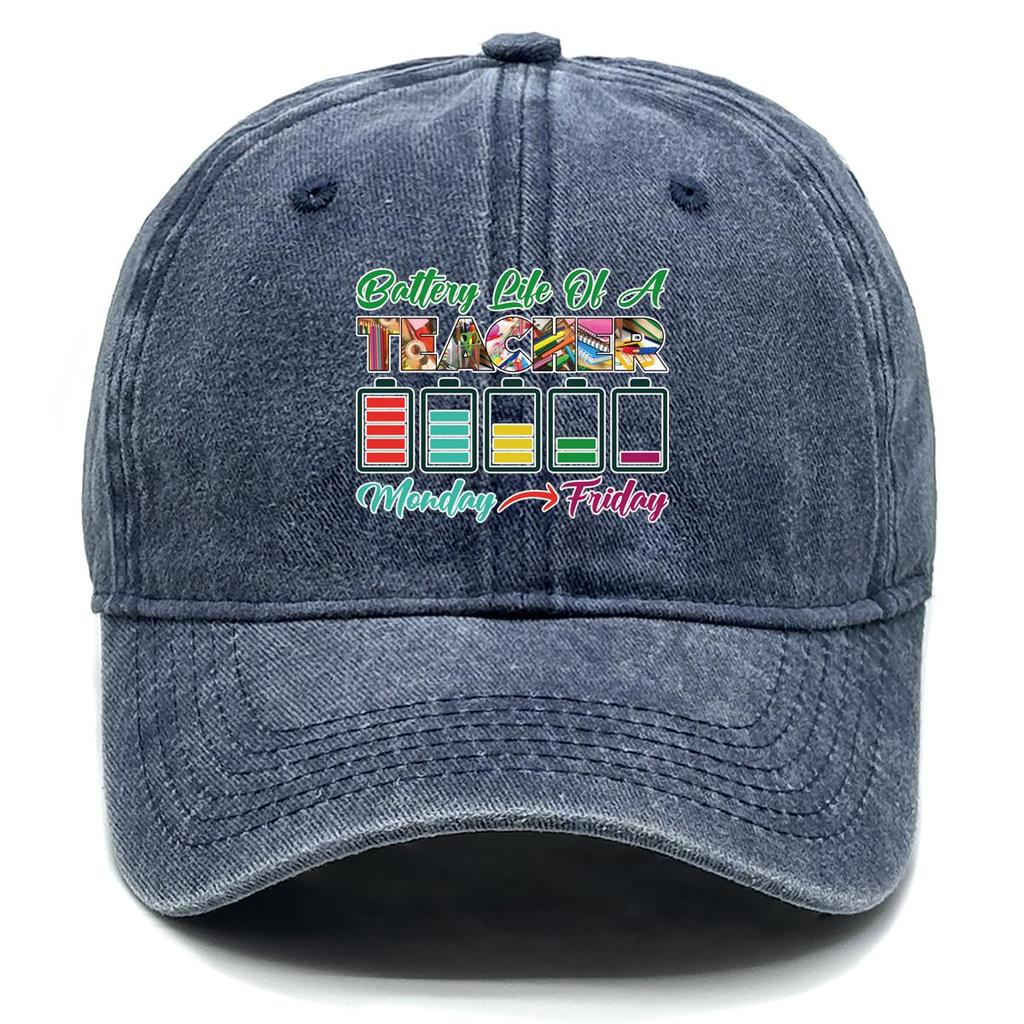Battery Life Of A TEACHER" Print Adjustable Sun Hat, "Monday-Friday" Flat Cap Retro Non-Stretch Fabric Unisex Breathable Snapback Baseball Hat