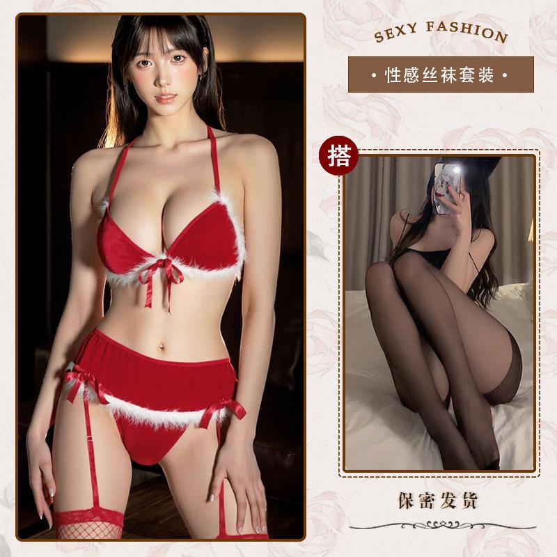 Sexy Lingerie Sexy Christmas Set Red Gift Uniform Seduction Plush Butterfly Three Point Garter