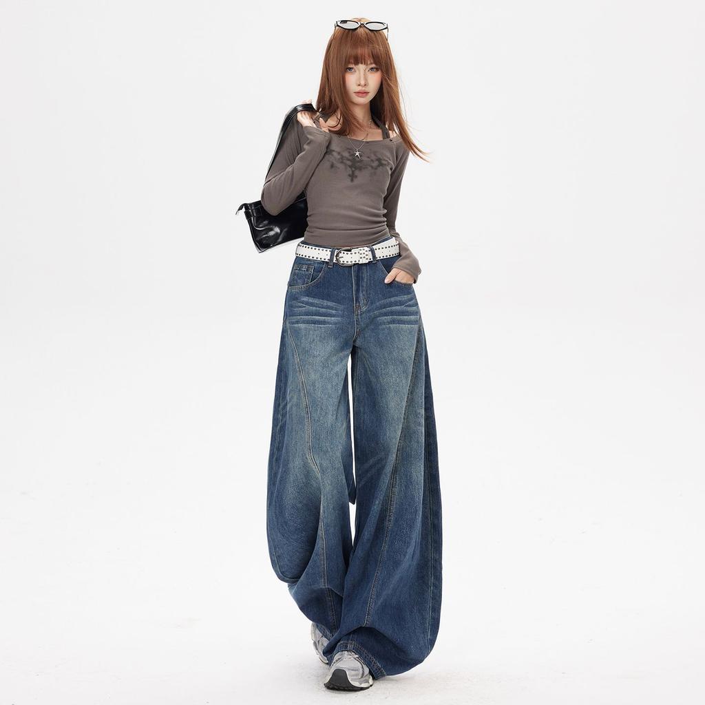 Autumn Winter High Street 3D Cut Relaxed Slim Saber Cut Wide Leg Denim Pants For Women Casual Pants Oversize Denim Trousers
