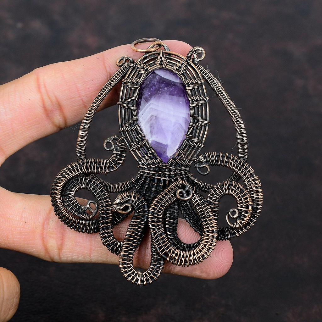 Chevron Amethyst Pendant Copper Wire Wrapped Pendant Gemstone Pendant Copper Jewelry Handmade Pendant Beautiful Octopus Jewelry Gift For Mom