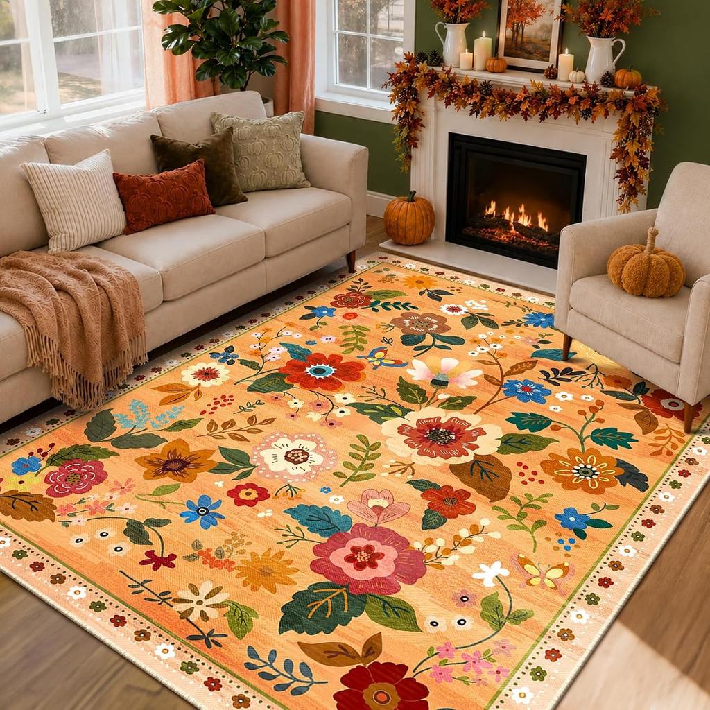 French Stylish Vintage Floral Large Living Room Carpet Fresh Colorful Flower Bedroom Bedside Floor Mat Non‑Slip Washable Rug