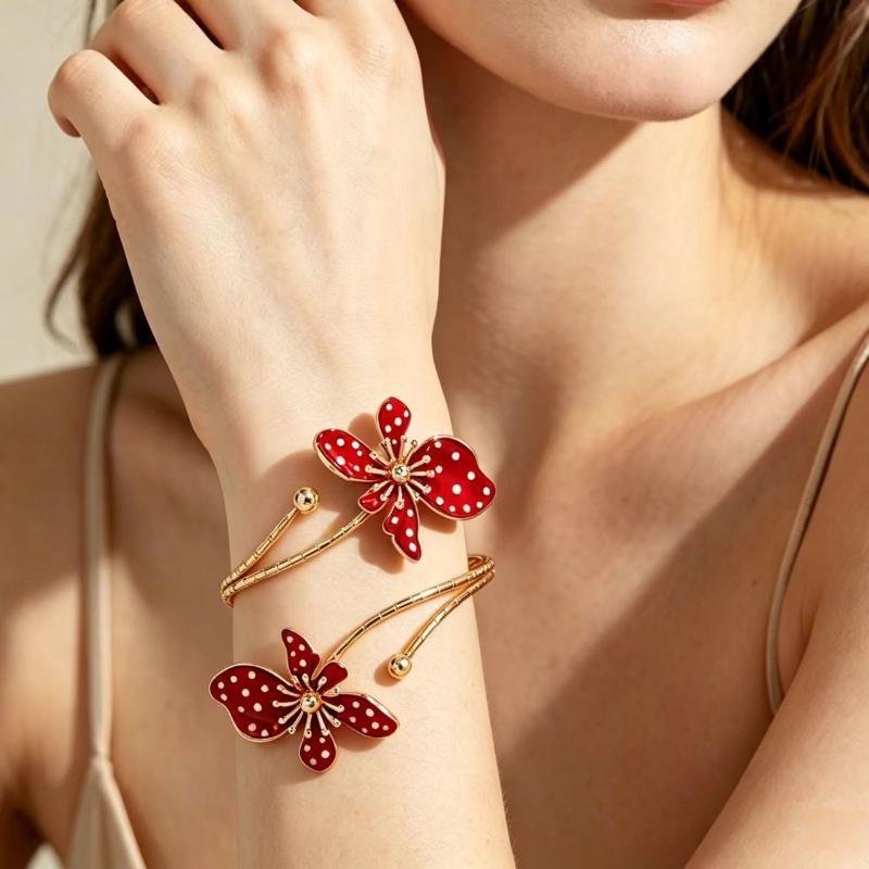 Gold Plated Cuff Bracelet Red White Polka Dot Enamel Flower Non-Irritating Jewelry for Women Daily All-Match Wear
