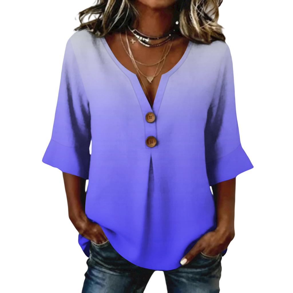 Ladies' gradient printed button casual V-neck fashionable seven quarter sleeve top